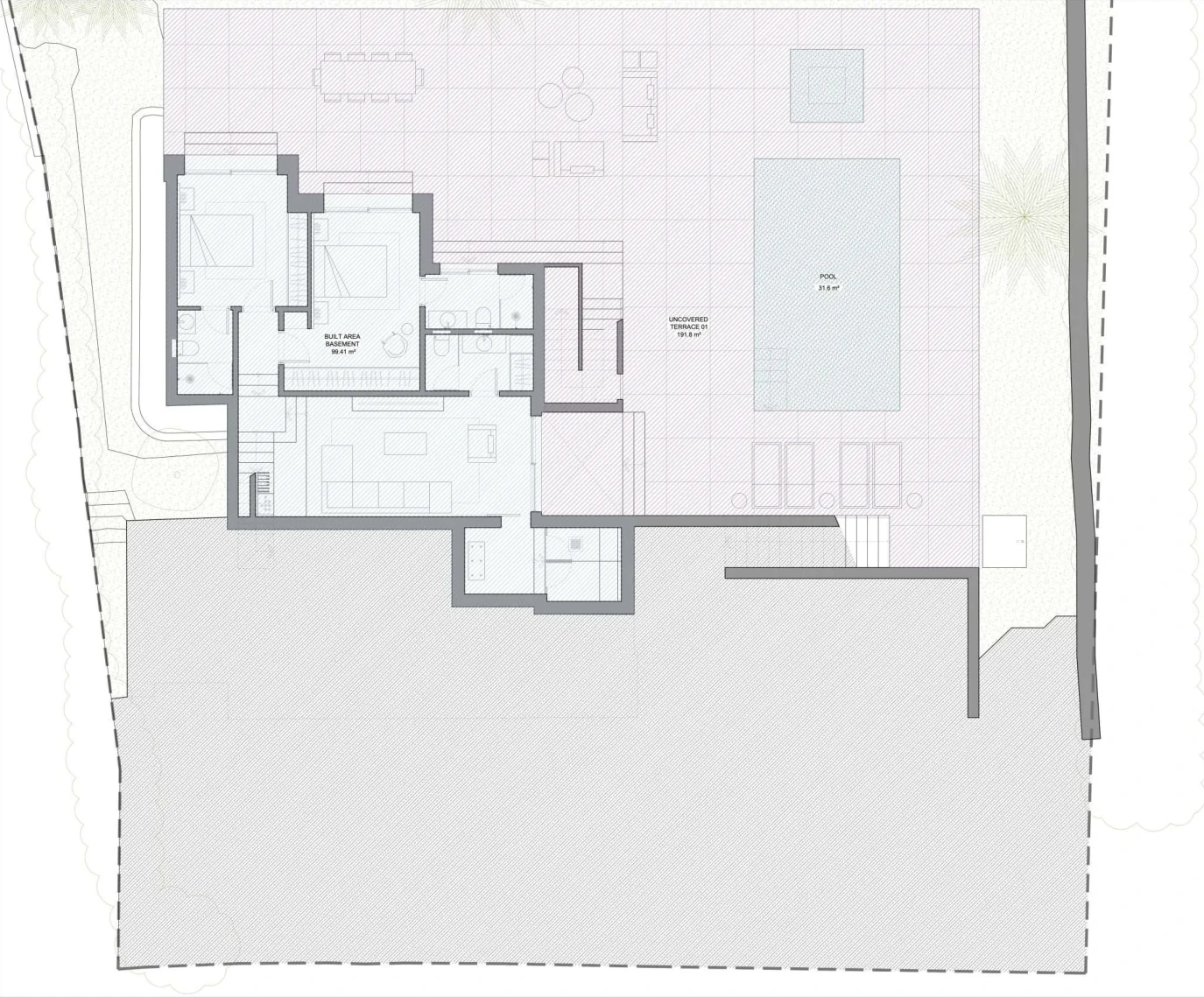 Basement level plan of Villa Kumara: 99.4 m² built, bedrooms, bathrooms and plant rooms below the main floor